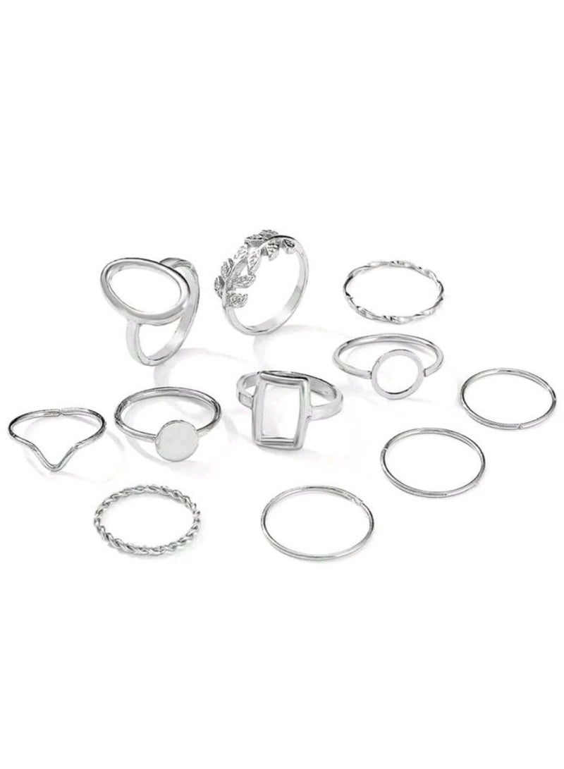 Shein 11pcs/Set Geometric Leaf Design Joint Rings Set For Women, Creative Fashion (Silver) - Image 3